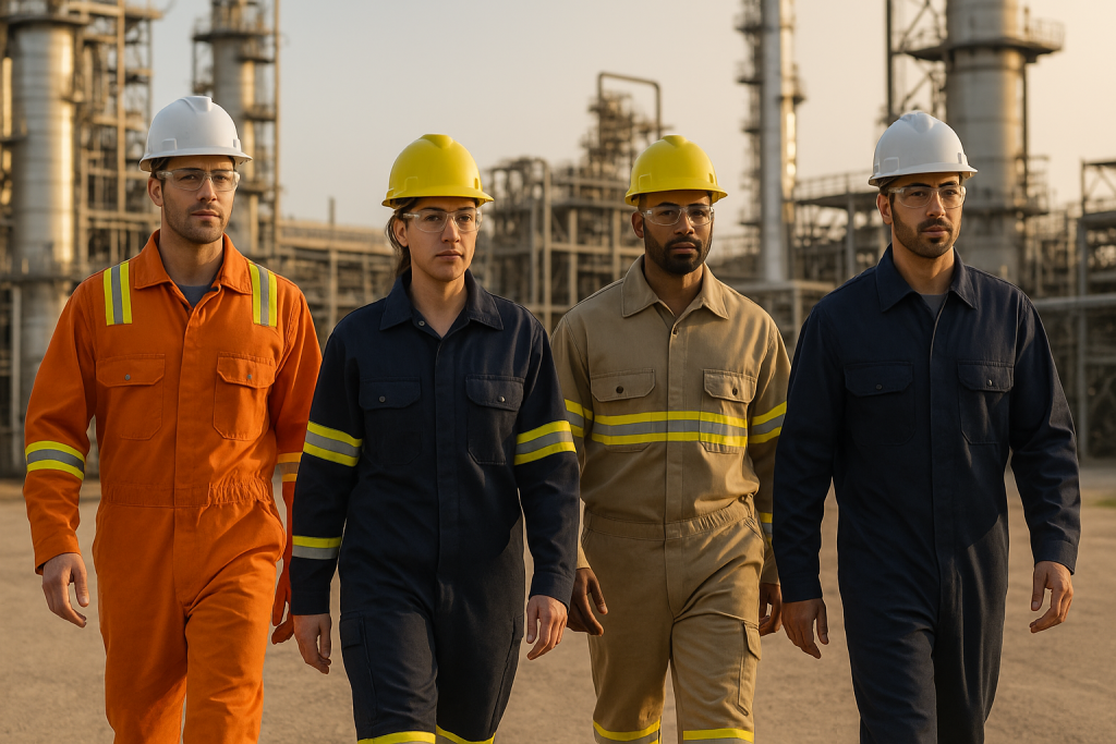 Four industrial workers in flame-resistant coveralls and hard hats walking confidently at a refinery or manufacturing plant, representing teamwork and safety in industrial work uniforms.