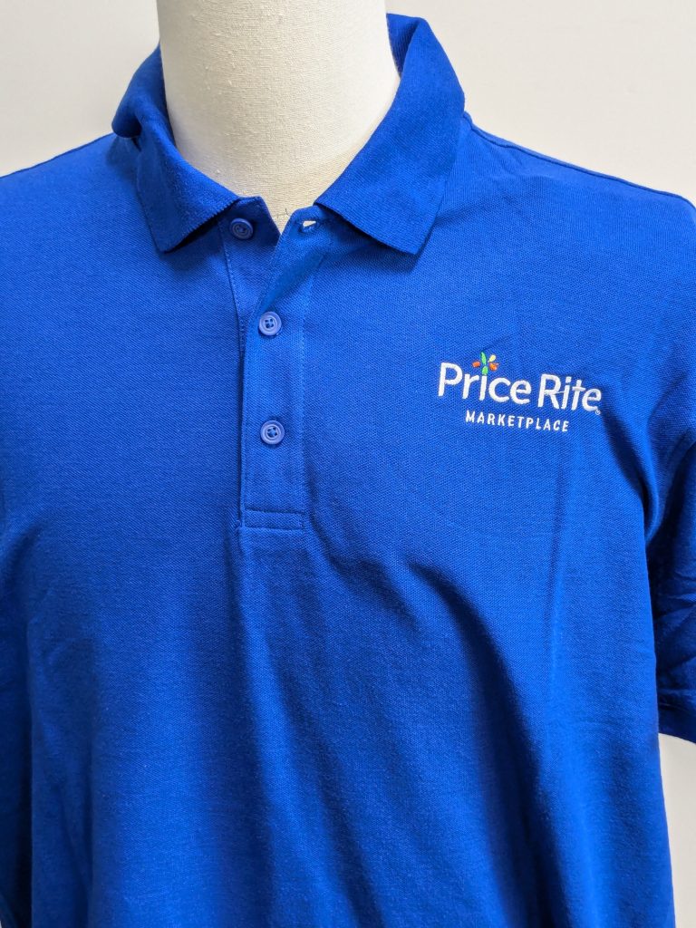 Royal blue Price Rite Marketplace polo shirt displayed on a mannequin, featuring the embroidered company logo on the left chest, representing branded custom workwear.