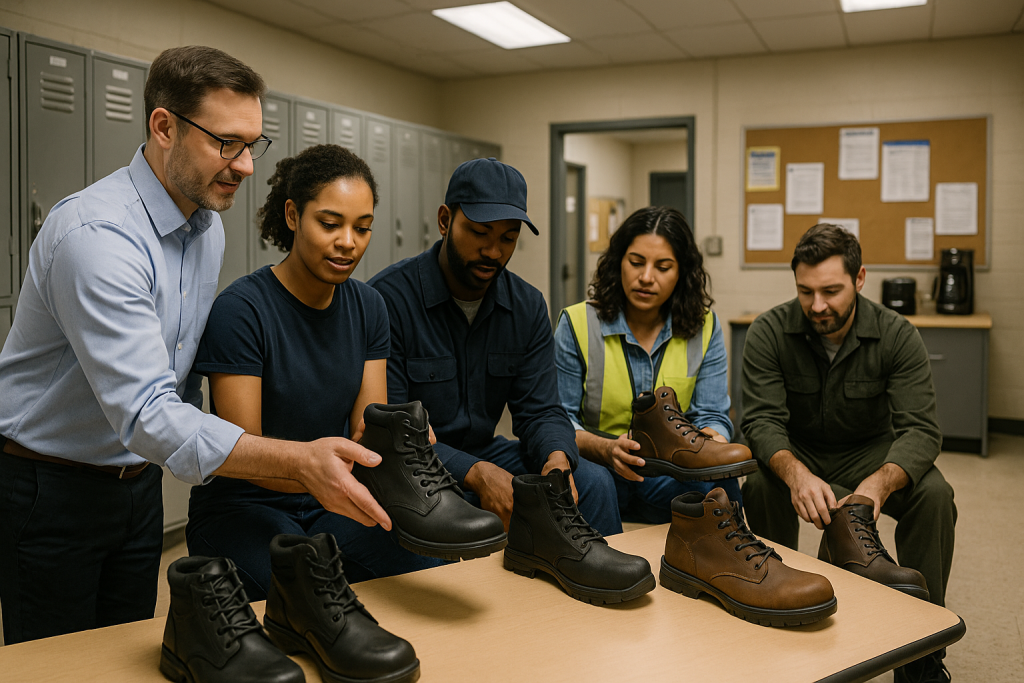 A diverse group of five workers, including a supervisor, are gathered in a workplace breakroom, evaluating various styles of black and brown work boots placed on a table. The environment is casual and collaborative, with lockers and a bulletin board visible in the background.