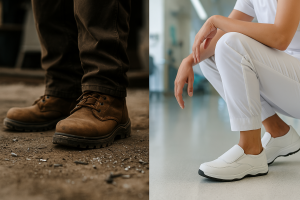 Split-screen comparison of two types of work footwear: On the left, a person in brown work boots stands on a dusty construction site surrounded by small metal debris; on the right, a healthcare professional in white slip-on shoes crouches in a brightly lit hospital corridor.