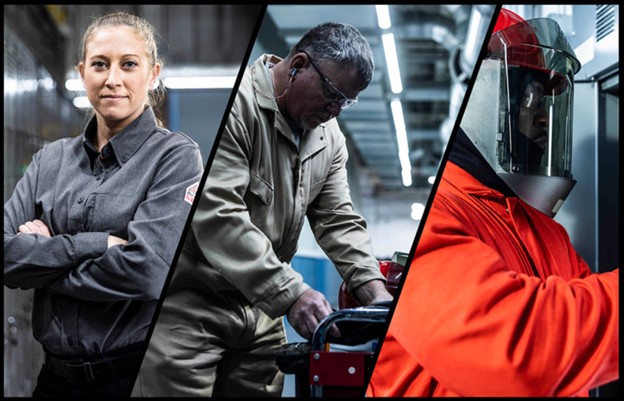 Three industrial workers wearing flame-resistant clothing in manufacturing, maintenance, and electrical environments.