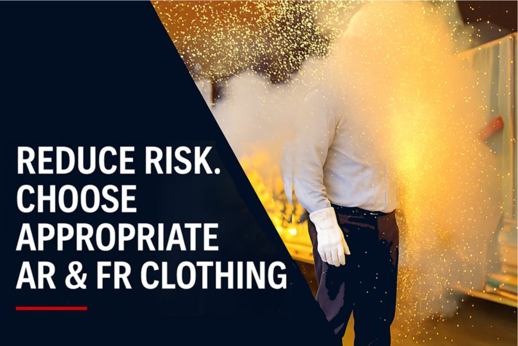 Explosion simulation showing a worker in flame-resistant clothing surrounded by sparks, paired with a safety message. A powerful visual illustrating the need for appropriate AR and FR garments in high-risk environments. The image supports the message: “Reduce Risk. Choose Appropriate AR & FR Clothing,” emphasizing the life-saving potential of the right apparel in explosive situations.