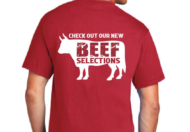 Red t-shirt with white cow graphic and “Check Out Our New Beef Selections” text.