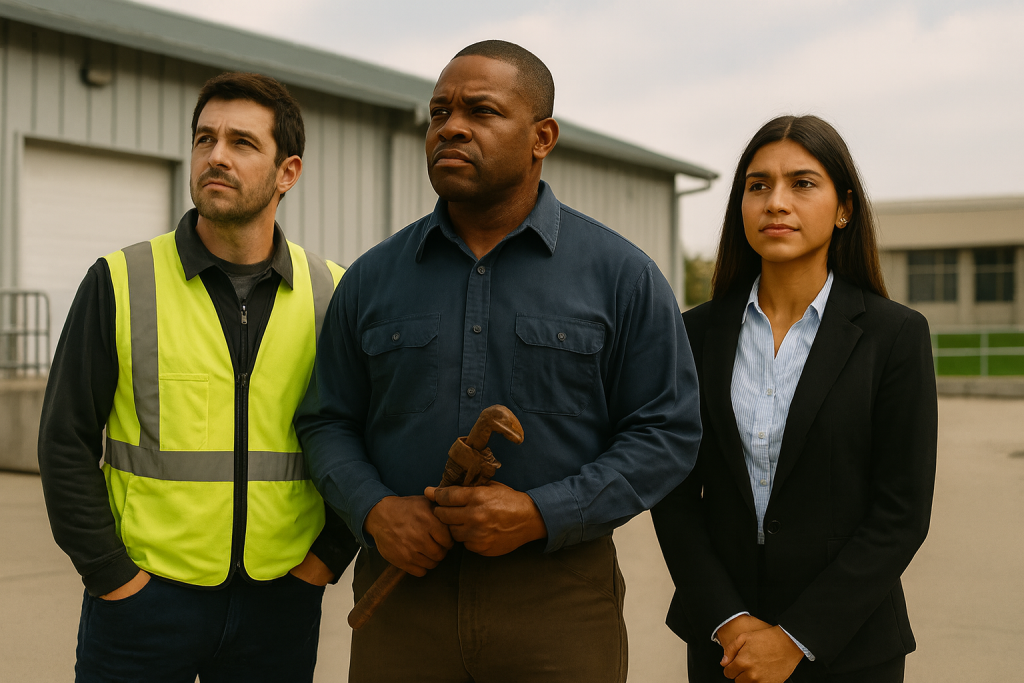 Three facilities team members — a man in a safety vest, a man in a navy work shirt holding a pipe wrench, and a woman in a blazer — stand together outside an industrial building, looking determined.