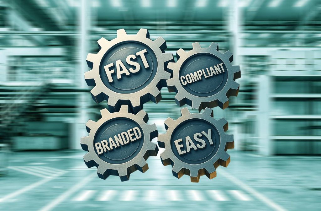 Four interlocking metallic gears labeled “FAST,” “COMPLIANT,” “BRANDED,” and “EASY” over a blurred manufacturing facility background.