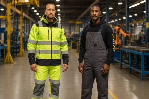 Two industrial workers in branded uniforms standing confidently inside a manufacturing plant.