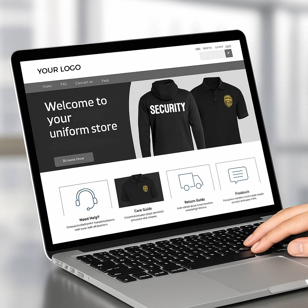 Laptop screen displaying a custom security uniform portal with branded apparel options and support tools.