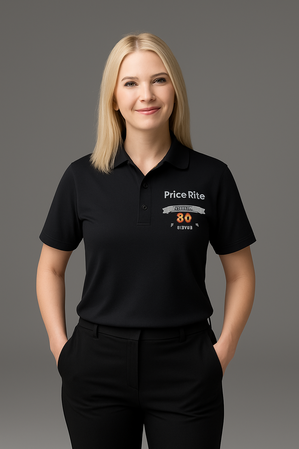 A smiling woman wearing a black collared polo shirt with an embroidered "Price Rite" logo and commemorative “Celebrating 80 Years” design stands against a neutral background.