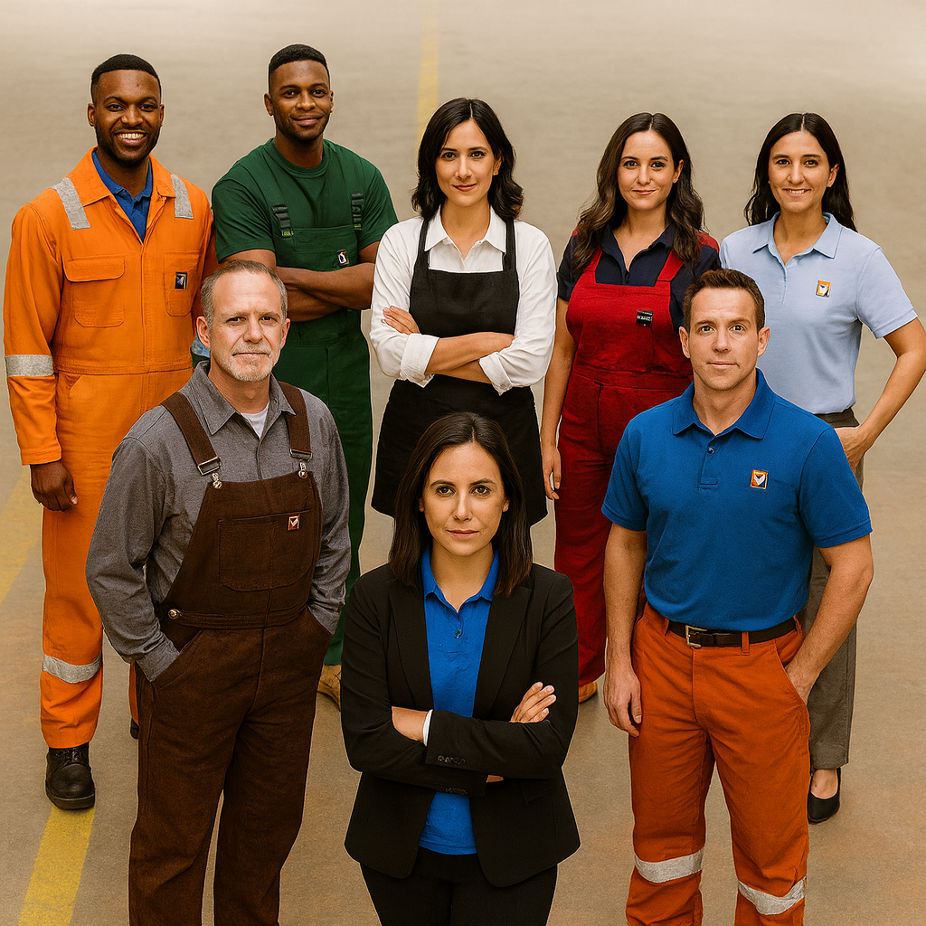 A diverse group of workers in different professional uniforms, including coveralls, polos, aprons, and business attire, standing together and facing forward.