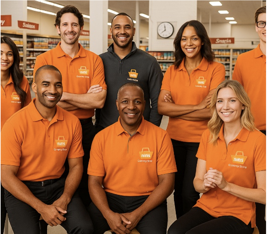 Smiling grocery store employees wearing matching orange polo uniforms from Work Hard Dress Right, standing together inside a supermarket.