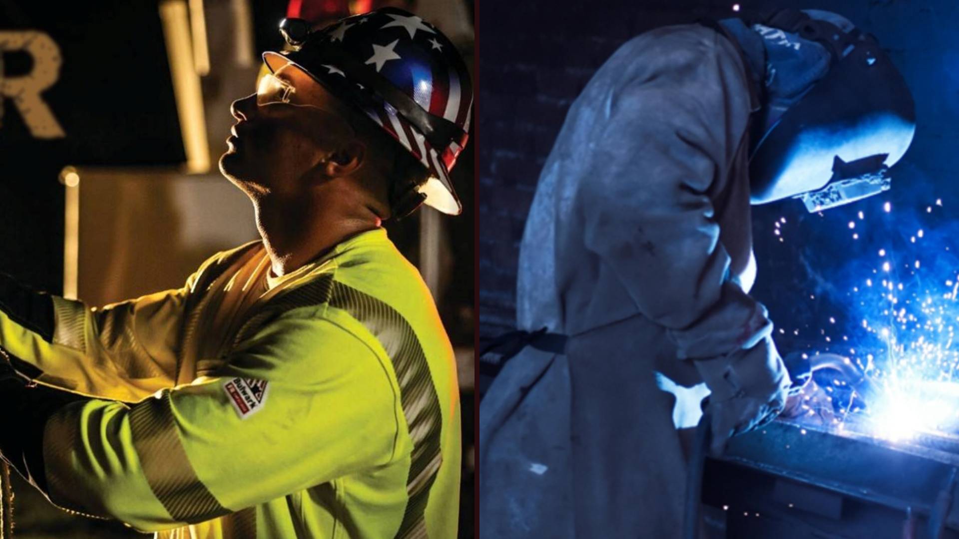 Side-by-side image of two industrial workers. On the left, a man in a hi-vis flame-resistant (FR) shirt and an American flag hard hat works under focused lighting. On the right, a welder in heavy arc-rated protective gear and helmet leans over a workpiece with bright blue sparks flying.