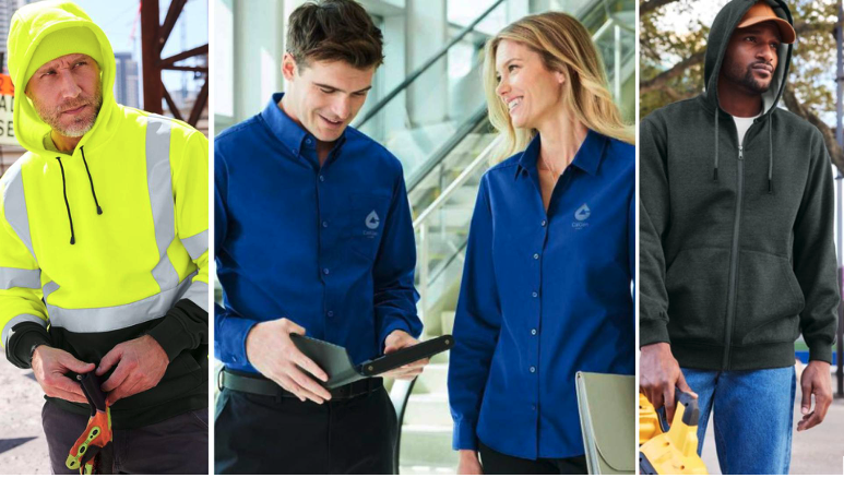 A collage showing three workplace settings: a construction worker in a high-visibility yellow hoodie, two corporate employees in matching blue embroidered button-down shirts discussing work indoors, and a field technician wearing a dark gray zip-up hoodie outdoors.