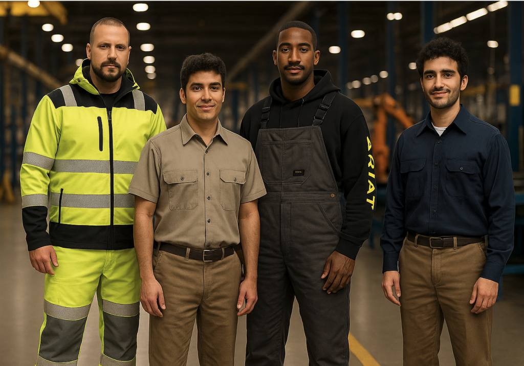 Four industrial workers stand together in a well-lit warehouse. One wears a high-visibility yellow jacket and pants, another wears a khaki short-sleeve uniform, and the third wears dark gray overalls with a black hoodie.