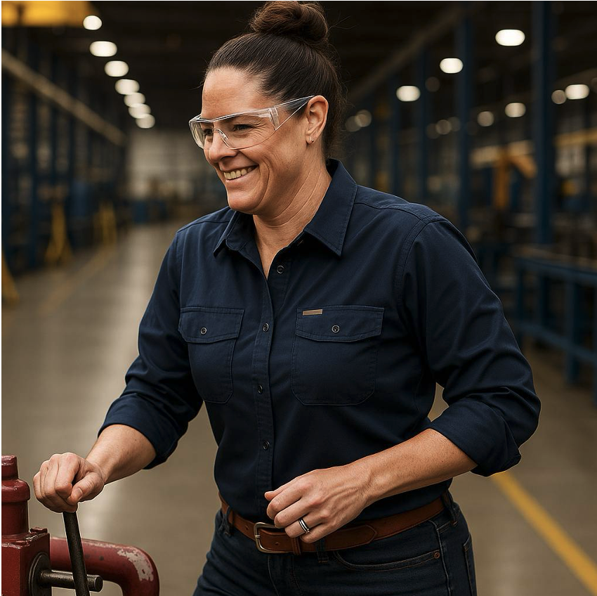 A woman wearing safety glasses and a navy-blue work shirt smiles while operating industrial equipment inside a well-lit manufacturing facility.