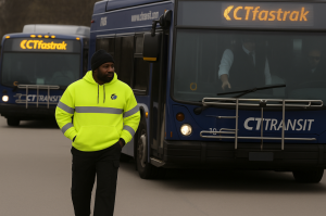 CTtransit employee in a high-visibility yellow hoodie walks near blue CTfastrak and CTtransit buses, representing professional transit uniforms supplied by Work Hard Dress Right.