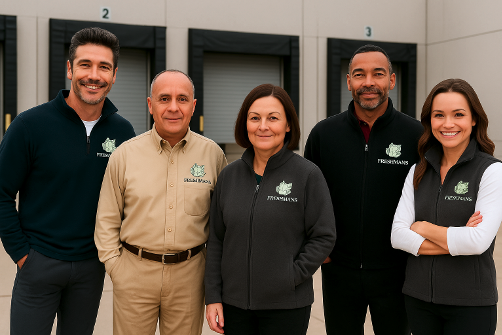 A team of five employees wearing coordinated branded uniforms pose outdoors in front of a facility. Their apparel includes embroidered fleece jackets, vests, and khaki shirts, all featuring the same company logo.