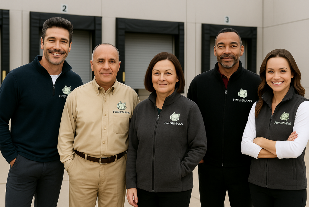 A team of five employees wearing coordinated branded uniforms pose outdoors in front of a facility. Their apparel includes embroidered fleece jackets, vests, and khaki shirts, all featuring the same company logo.