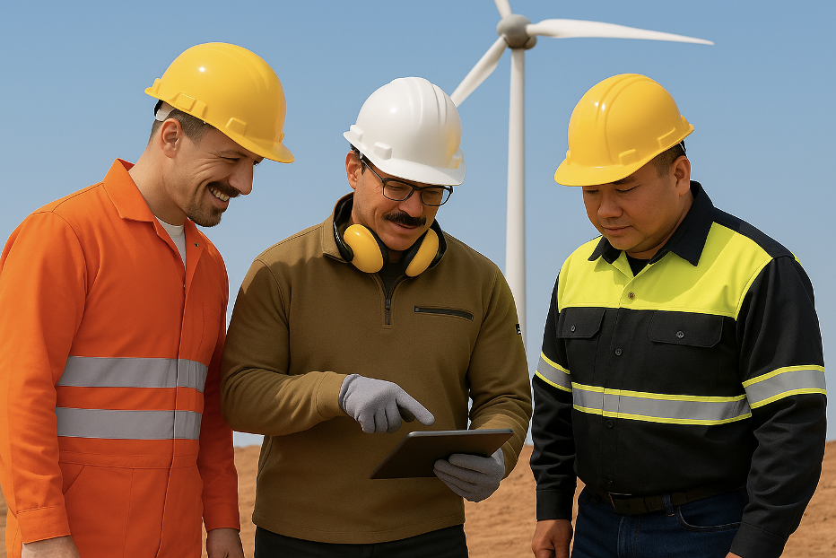Three field engineers wearing safety helmets and work uniforms stand outdoors near a wind turbine. One holds a tablet while the group reviews data and smiles during discussion.