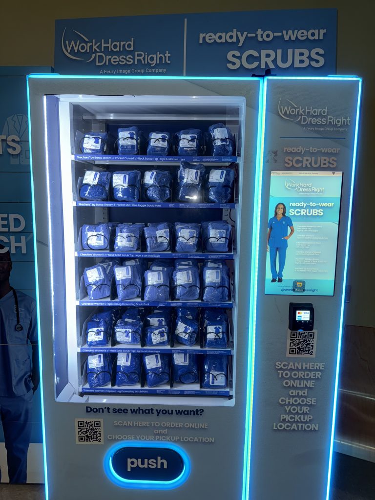 Work Hard Dress Right vending machine stocked with ready-to-wear medical scrubs for Yale New Haven Health employees.