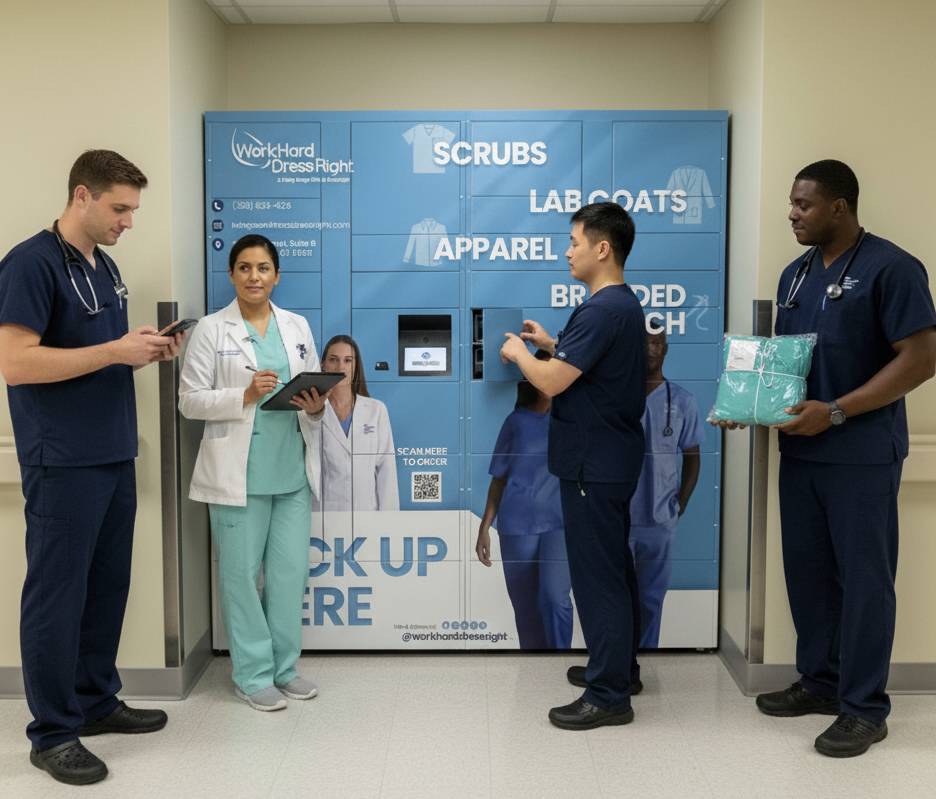 Healthcare staff using a Work Hard Dress Right scrub and uniform pickup locker system inside a medical facility, provided by Work Hard Dress Right.