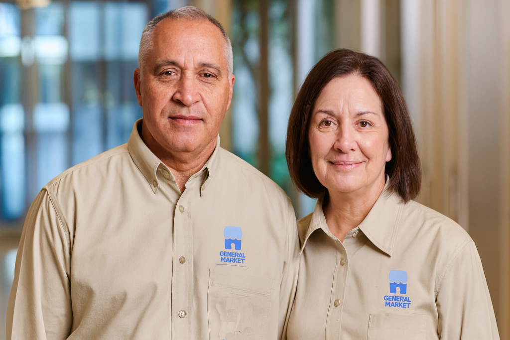 Employees wearing branded work uniforms with company logo