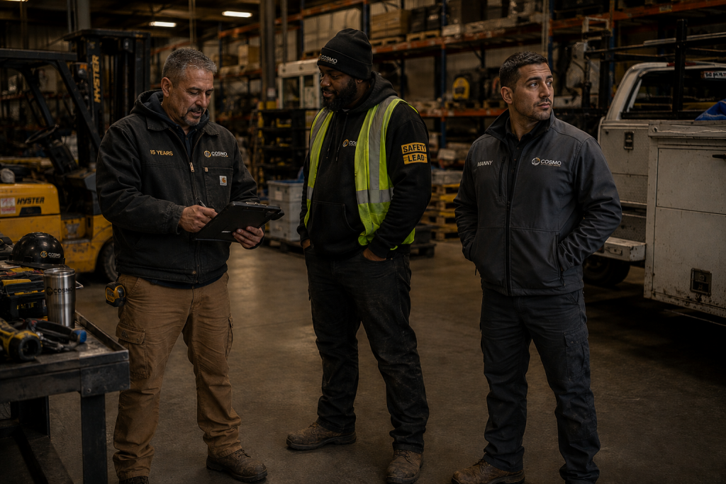Industrial employees wearing branded COSMO workwear with recognition patches, personalized embroidery, and safety leadership identifiers inside a warehouse environment.