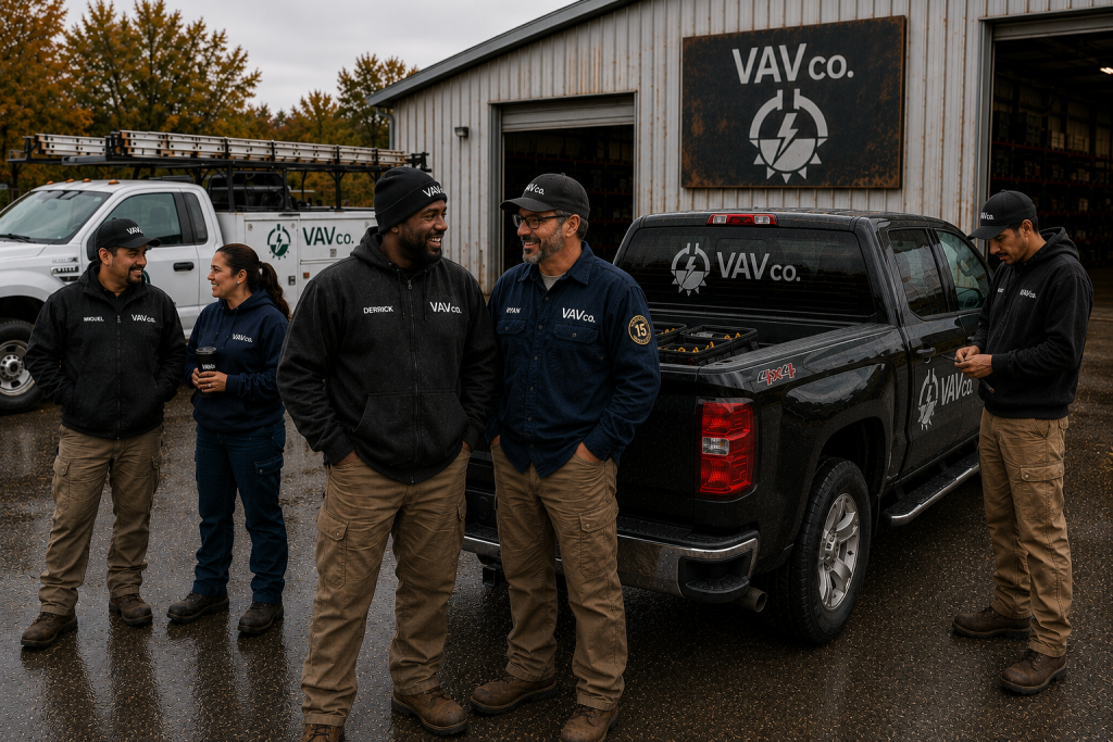 Contractor crew wearing branded VAV Company workwear and boots outside an industrial building with visible years-of-service and leadership recognition details.