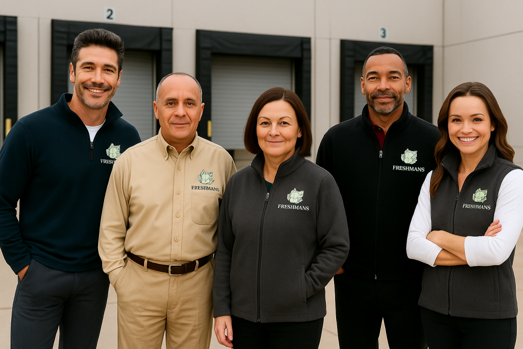 Team wearing professional work uniforms with company logo standing together outside workplace