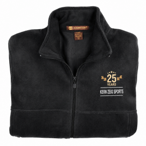 Black fleece employee anniversary jacket embroidered with 25 Years recognition and Kern Zeig Sports branding.