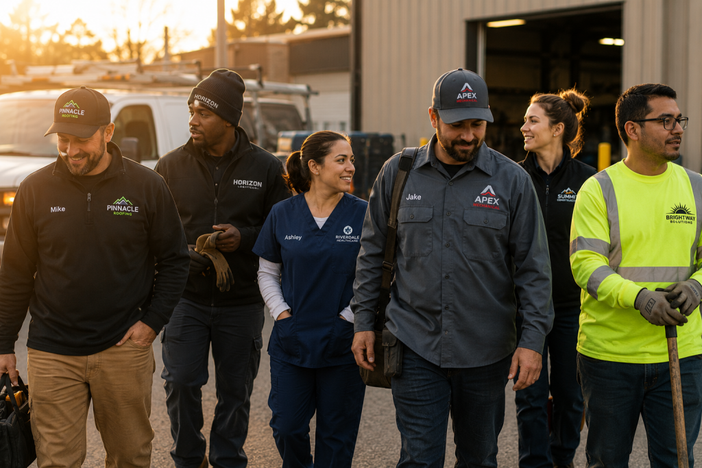 Diverse small business employees wearing personalized branded workwear including hi-vis apparel, embroidered uniforms, scrubs, quarter-zips, and work shirts.