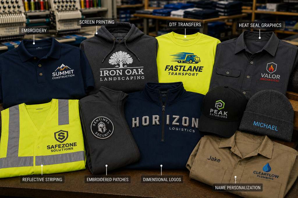 Customized employee workwear displaying embroidery, screen printing, DTF transfers, reflective striping, patches, dimensional logos, and name personalization.