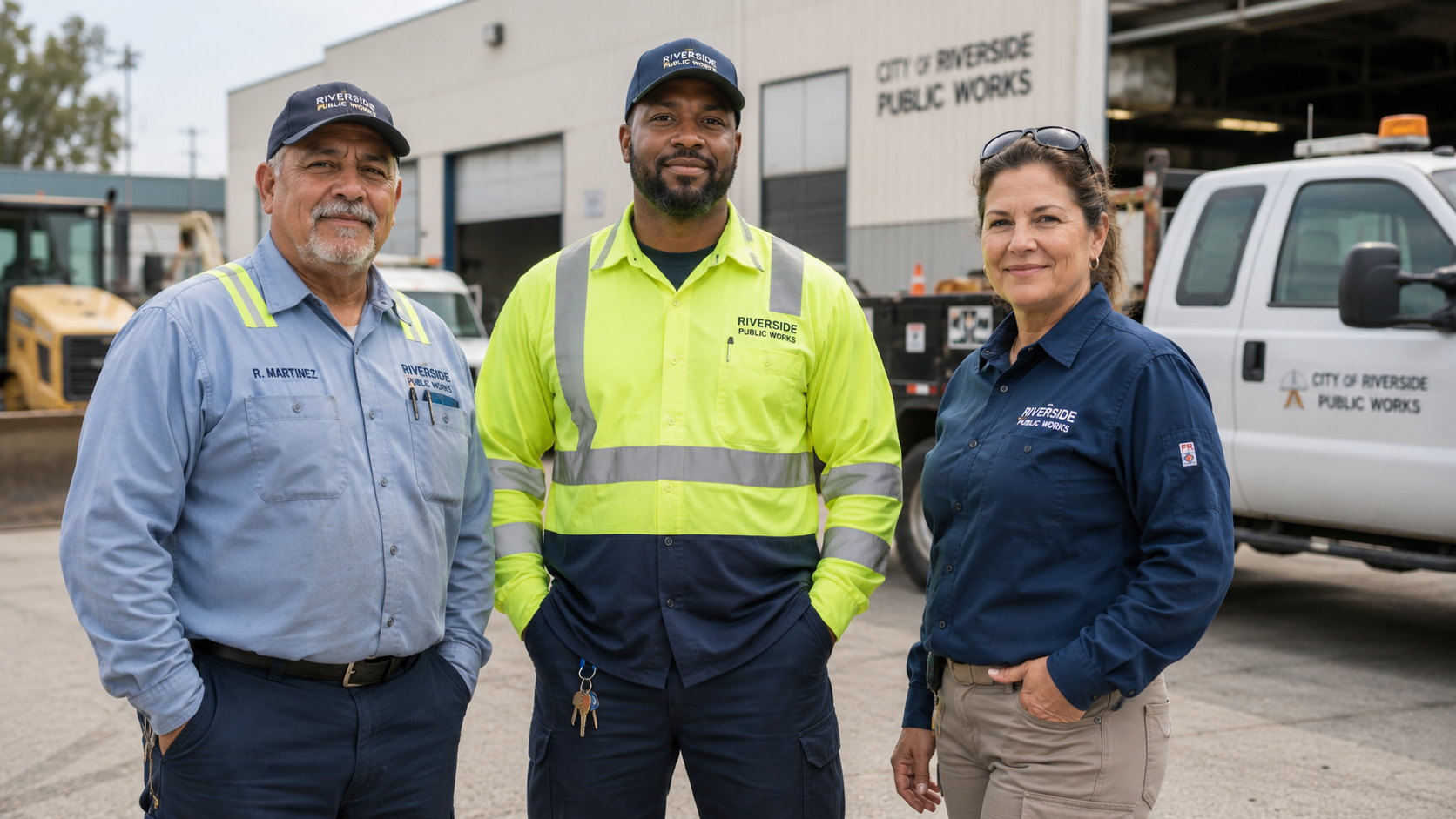 Municipal public works employees wearing flame resistant work shirts and high visibility safety apparel