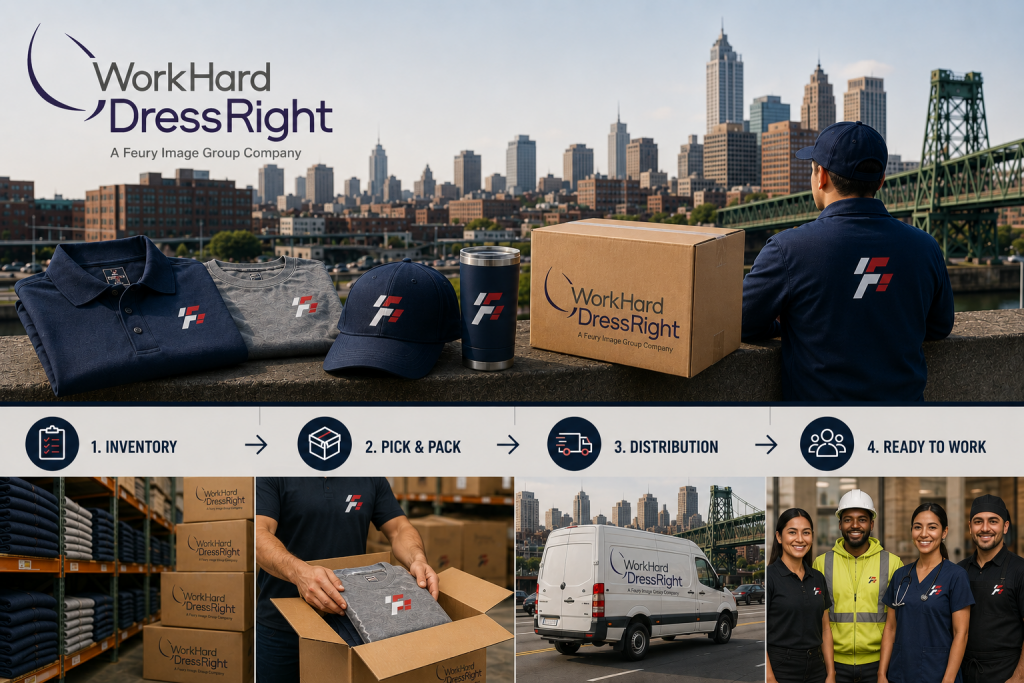 Work Hard Dress Right fulfillment and distribution process supporting uniforms, onboarding kits, branded merchandise, and workforce programs for Newark and New Jersey businesses.