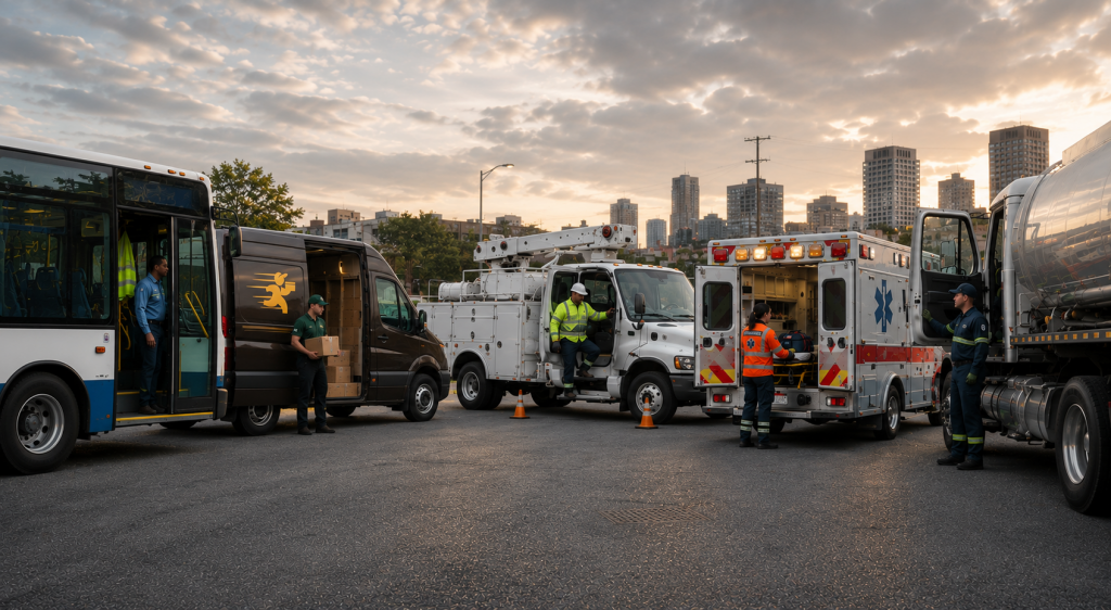 Transportation and mobile workforce uniform programs including transit, delivery, utility, EMS, and fuel transport