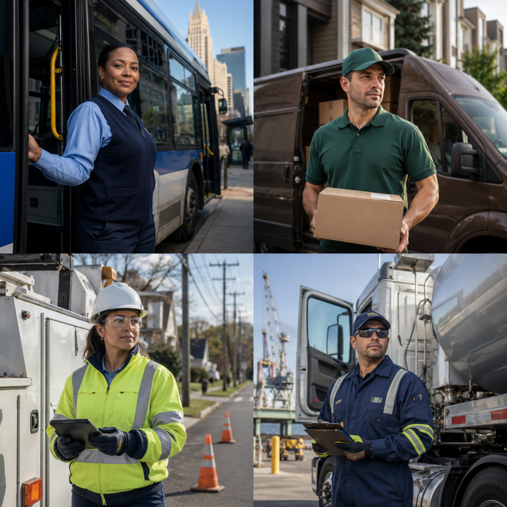 Transportation workforce professionals including a transit operator, delivery driver, utility technician, and fuel transport driver wearing role-specific uniforms and safety apparel