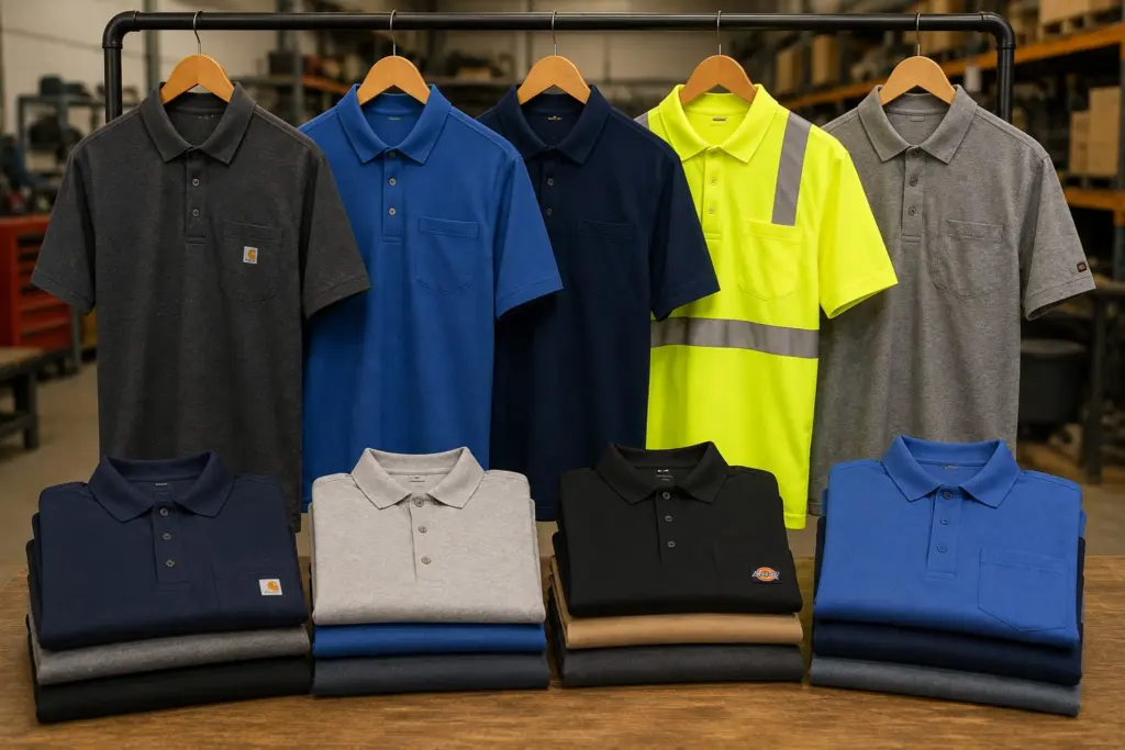 Branded workwear shirts displayed for Newark, NJ businesses, showing premium and affordable style options.