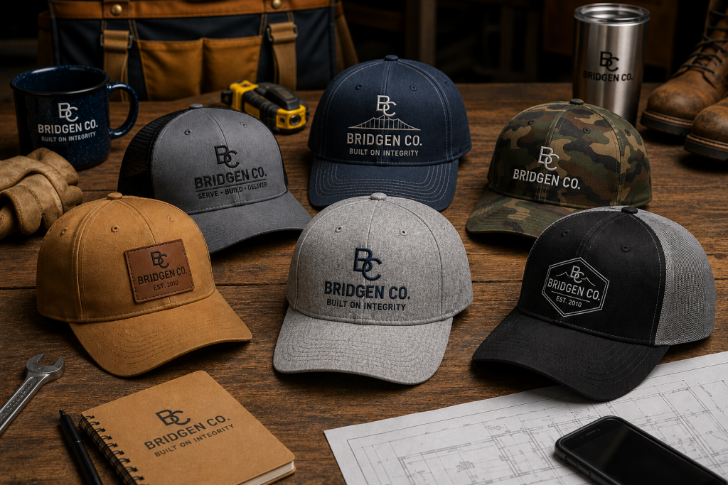 Collection of premium embroidered Bridgen Co. work caps arranged on a wooden workbench.