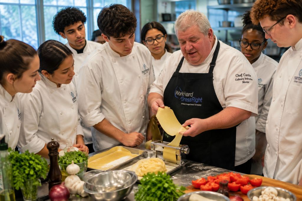 Chef Cardie demonstrates fresh pasta making to culinary students wearing white chef coats while wearing a Work Hard Dress Right branded apron during a hands-on culinary education class.