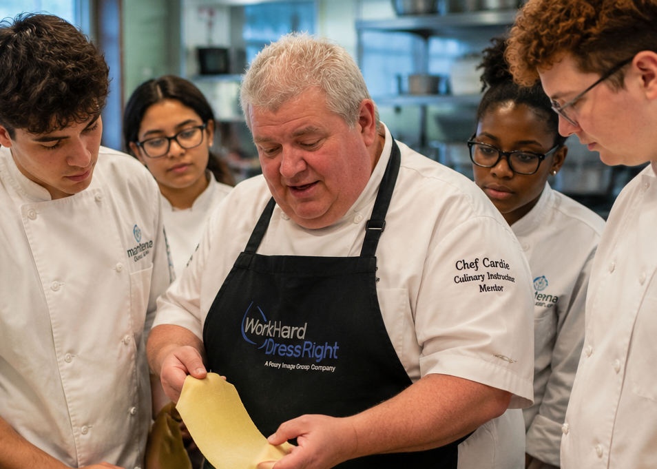 Chef Cardie teaches culinary students while wearing a Work Hard Dress Right apron during a hands-on cooking class, illustrating how professional chefwear supports education, mentorship, and community engagement.