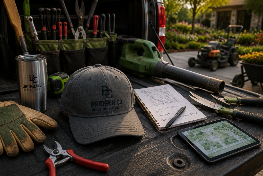 Premium embroidered Bridgen Co. work cap displayed on the tailgate of a landscaper's pickup truck alongside pruning tools, gloves, a leaf blower, and landscape plans.