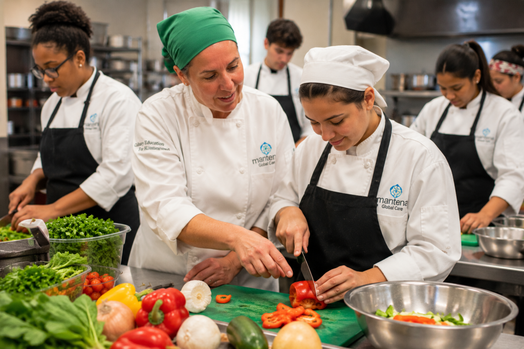 Chef instructor wearing a green head covering helps a culinary student safely prepare fresh vegetables during a hands-on cooking class while other students work in the background.