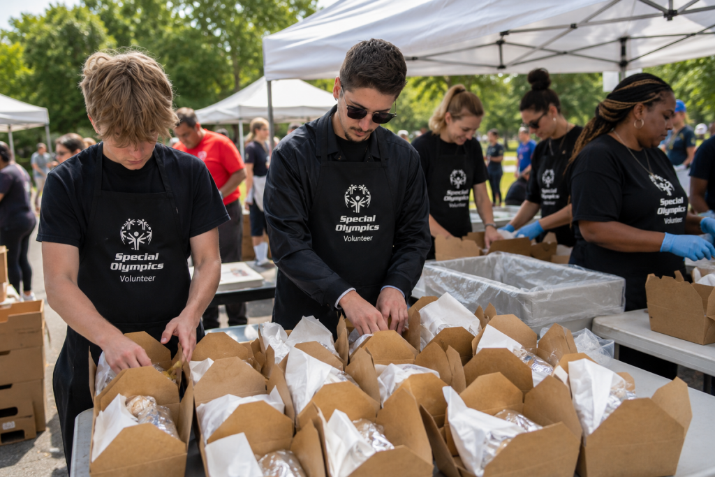 Volunteers wearing black Special Olympics aprons prepare boxed lunches during a community service event, demonstrating how custom volunteer apparel supports nonprofit outreach and organized food service.