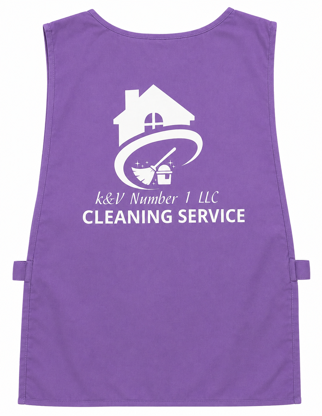 Purple cleaning smock with custom heat-applied company logo in Newark, NJ