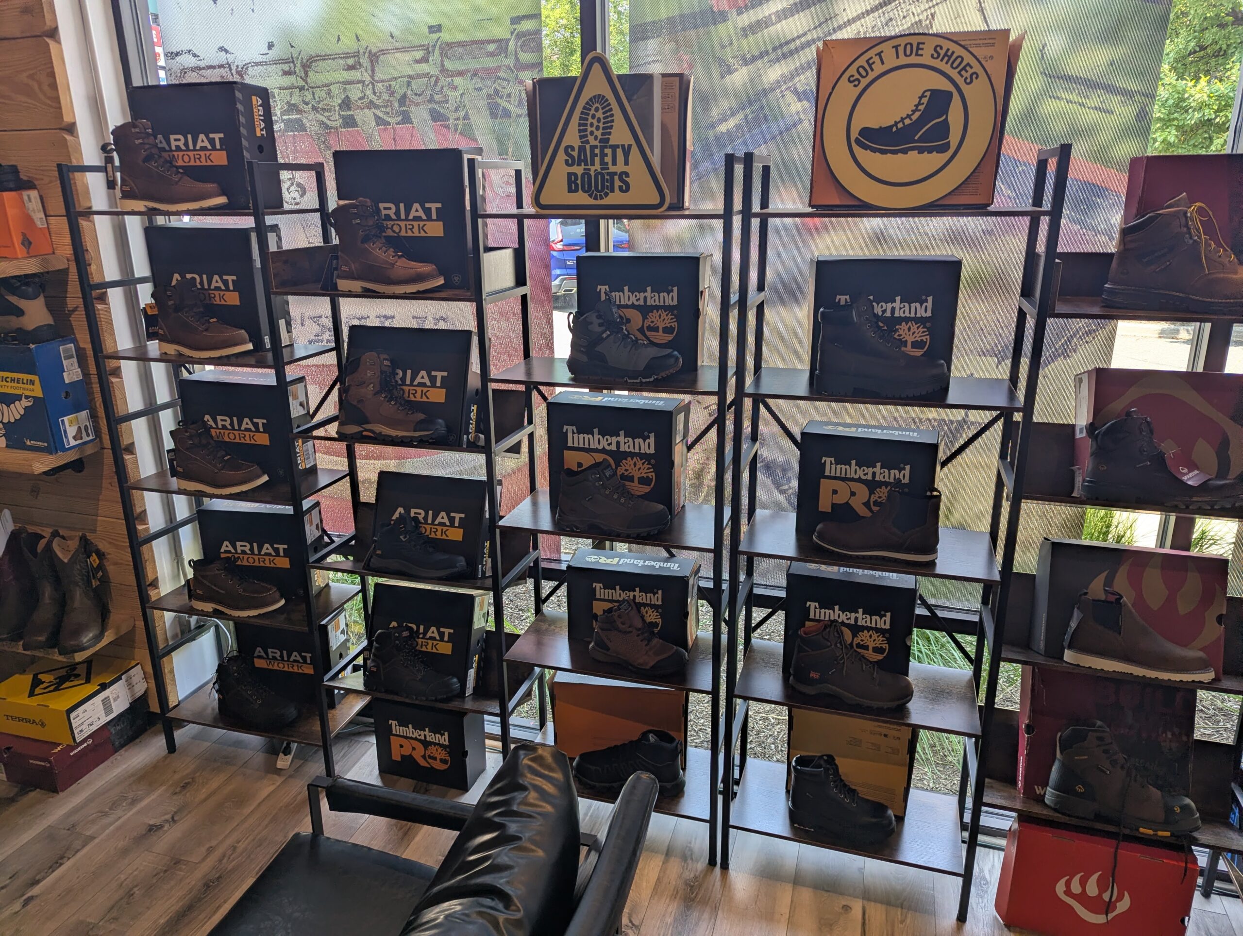 Ariat Work and Timberland PRO work boots displayed in the Newark showroom