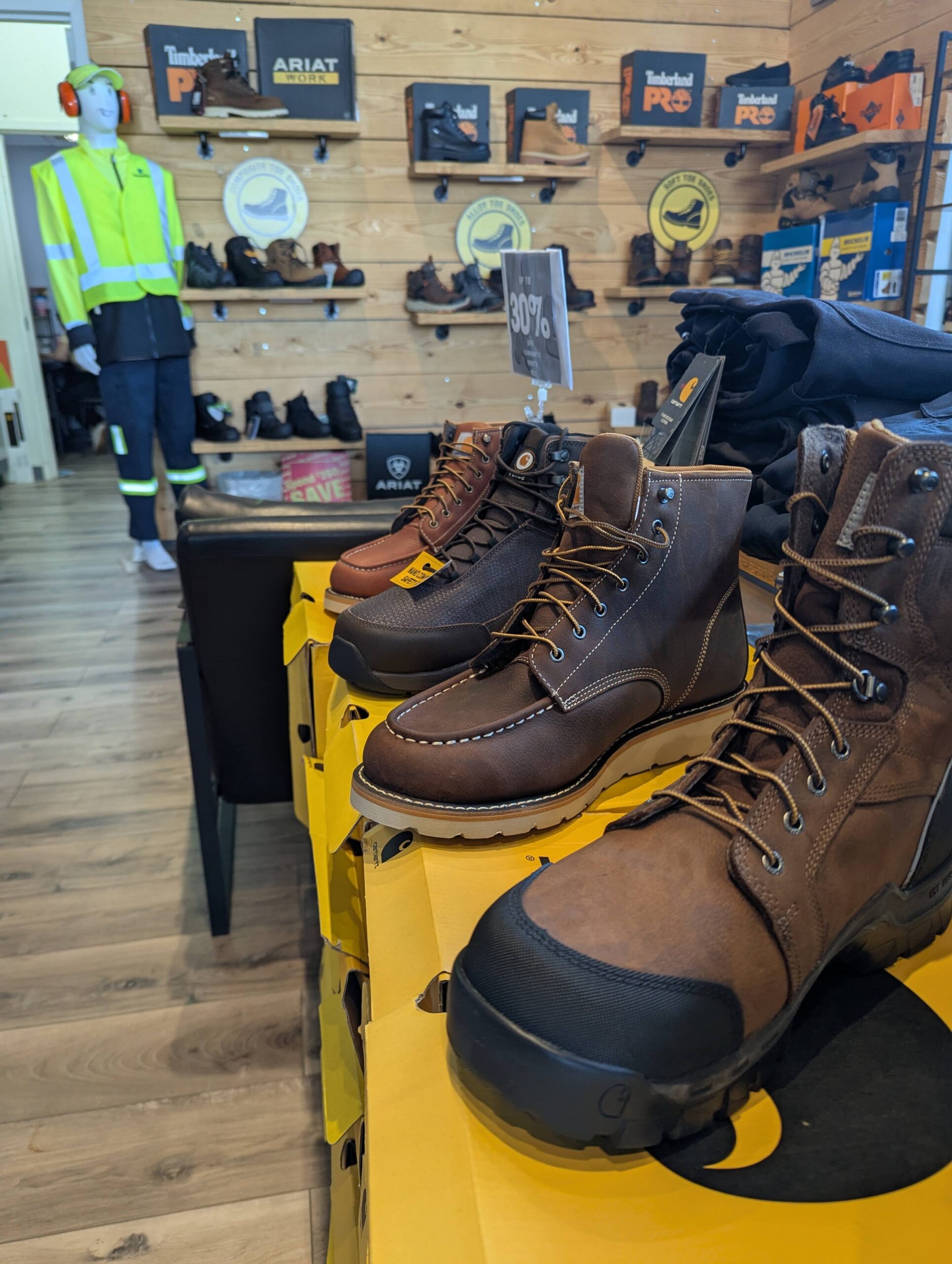 Work boots on display in the Work Hard Dress Right Newark showroom