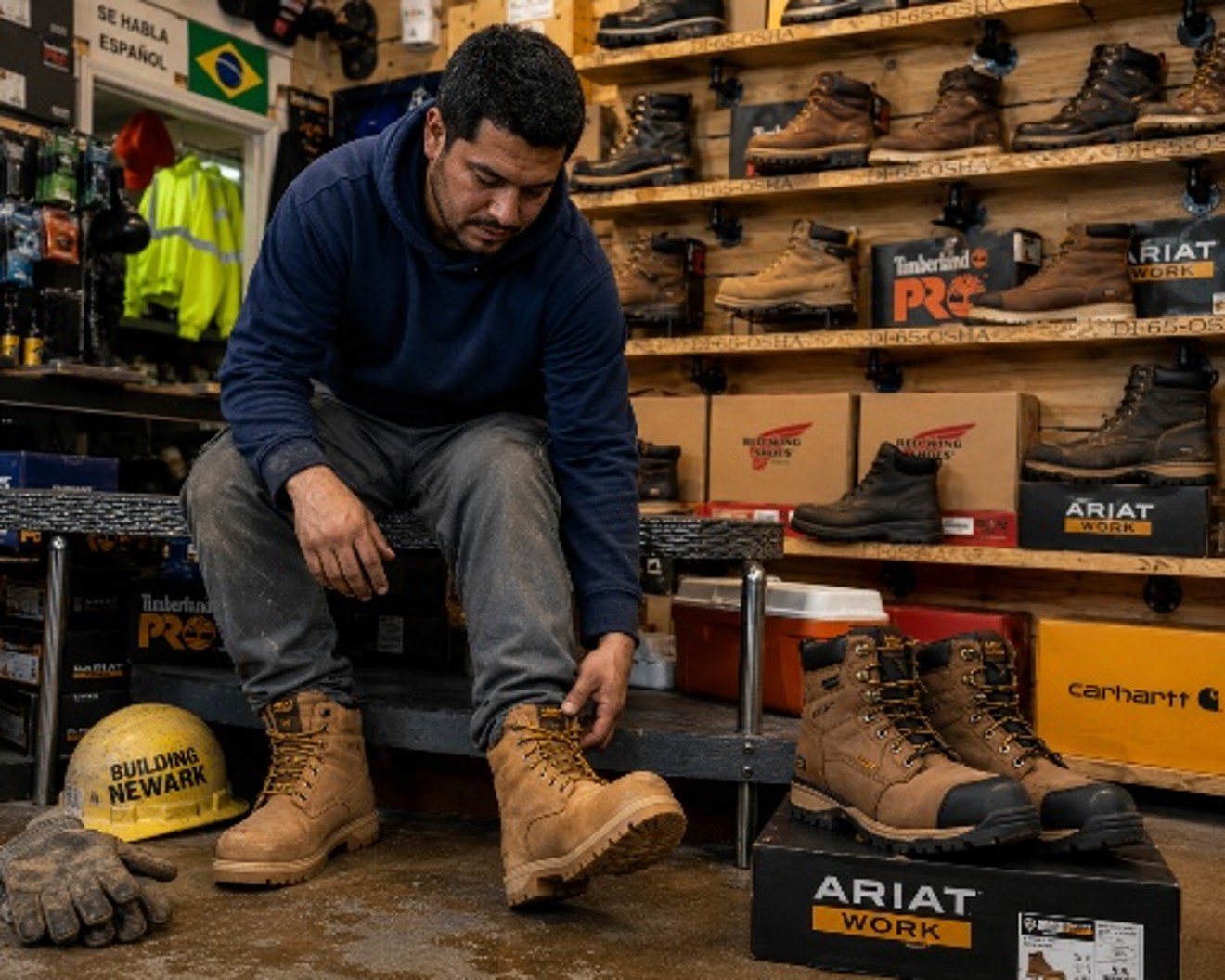 Customer trying on work boots at Work Hard Dress Right in Newark, NJ
